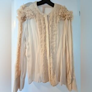 Silk organza ruffle sequin button blouse